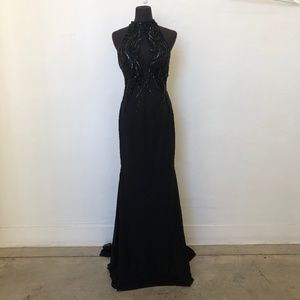 High Neck Mesh Gown Low Plunge With Open Back